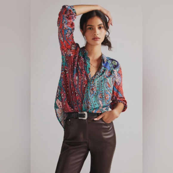 New Anthro MAEVE The Paz Blouse Patchwork Paisley Shirt Top Colorful Floral Pink - Picture 3 of 16